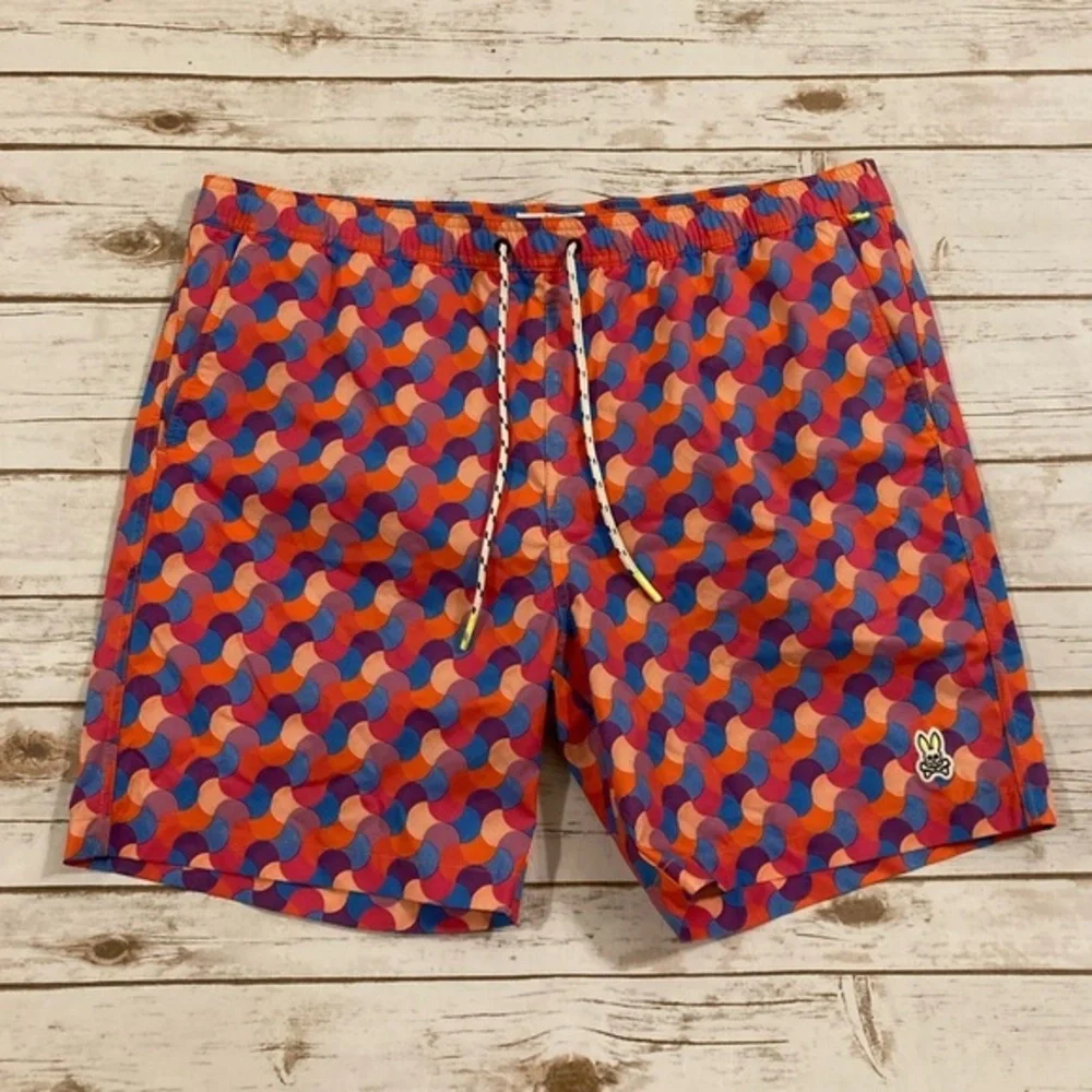 Psycho Bunny Orange Red Blue Geometric Swim Trunks